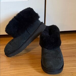UGG Black Suede Shearling Cuff Slip-Ons